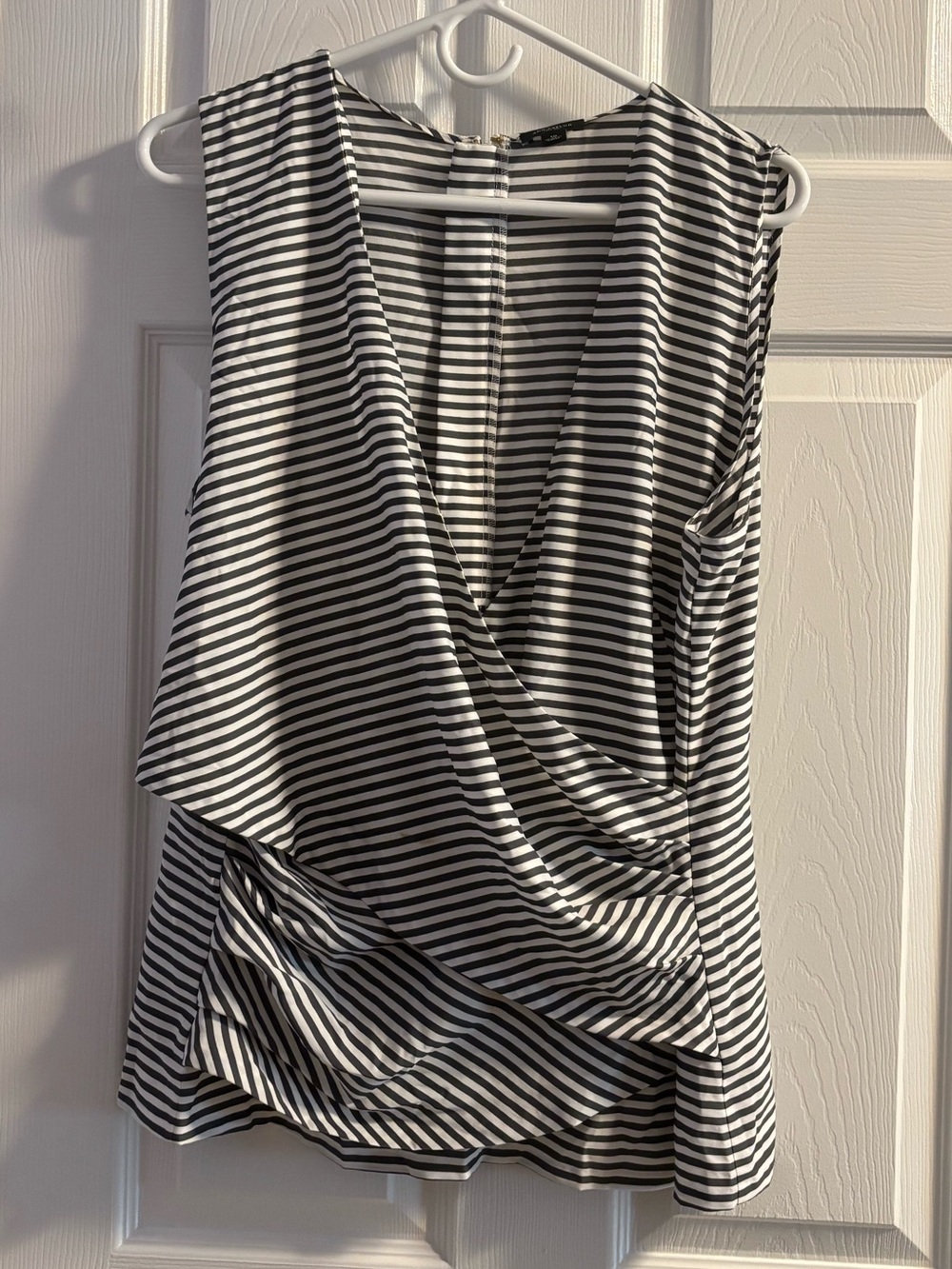 Ann Taylor Sleeveless Grey and White Striped Wrap-Front Women’s Top